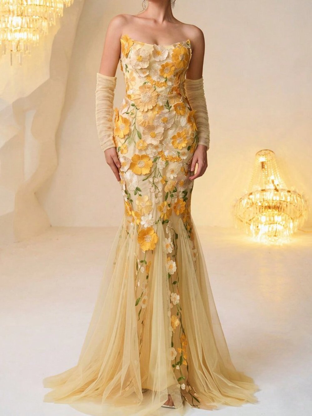Yellow Elegant Women's Allover Print Patchwork Ruffle Sequin Mesh Formal Gown - Picture 4 of 7